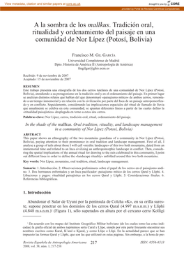 A La Sombra De Los Mallkus. Tradición Oral, Ritualidad Y Ordenamiento Del Paisaje En Una Comunidad De Nor Lípez (Potosí, Bolivia)