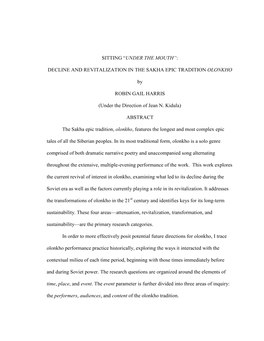 SITTING “UNDER the MOUTH”: DECLINE and REVITALIZATION in the SAKHA EPIC TRADITION OLONKHO by ROBIN GAIL HARRIS (Under the D