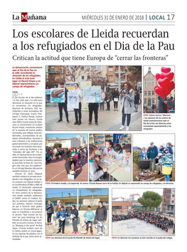 Los Escolares De Lleida Recuerdan a Los Refugiados En El Dia De La Pau Critican La Actitud Que Tiene Europa De “Cerrar Las Fronteras”