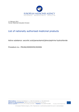 Ascorbic Acid/ Paracetamol/ Phenylephrine Hydrochloride PSUSA/00000255/202006 List of Nationally Authorised Medicinal Products