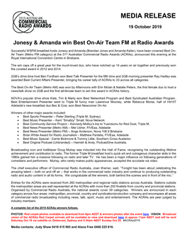 Commercial Radio Awards (Acras), Announced This Evening at the Royal International Convention Centre in Brisbane