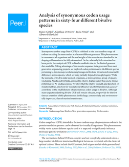 Analysis of Synonymous Codon Usage Patterns in Sixty-Four Different Bivalve Species