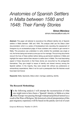 Anatomies of Spanish Settlers in Malta Between 1580 and 1648: Their Family Stories Simon Mercieca Simon.Mercieca@Um.Edu.Mt