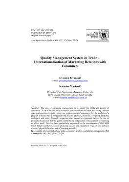 Quality Management System in Trade – Internationalisation of Marketing Relations with Consumers