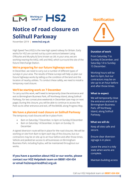 Notice of Road Closure on Solihull Parkway November 2019 |