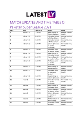 MATCH UPDATES and TIME TABLE of Pakistan Super League 2021 S.NO