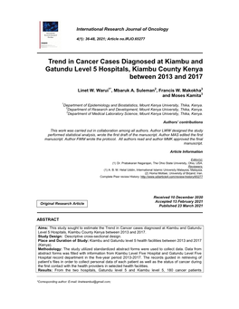 Trend in Cancer Cases Diagnosed at Kiambu and Gatundu Level 5 Hospitals, Kiambu County Kenya Between 2013 and 2017