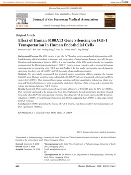 Effect of Human S100A13 Gene Silencing on FGF-1 Transportation in Human Endothelial Cells Renxian Cao,1* Bin Yan,2 Huiling Yang,2 Xuyu Zu,2 Gebo Wen,1* Jing Zhong2