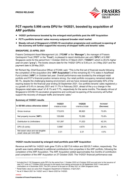 FCT Reports 5.996 Cents DPU for 1H2021, Boosted by Acquisition of ARF Portfolio