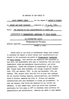 The Relation of Soil Characteristics to Growth and Distribution of Chamaecyparis Lawsoniana and Thuja,Plicata in Southwestern Oregon