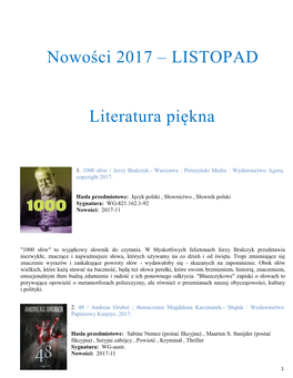 Nowości 2017 – LISTOPAD Literatura Piękna