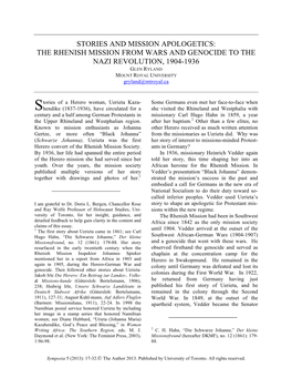 MISSION APOLOGETICS: the RHENISH MISSION from WARS and GENOCIDE to the NAZI REVOLUTION, 1904-1936 GLEN RYLAND MOUNT ROYAL UNIVERSITY Gryland@Mtroyal.Ca