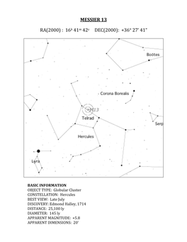 MESSIER 13 RA(2000) : 16H 41M 42S DEC(2000): +36° 27'