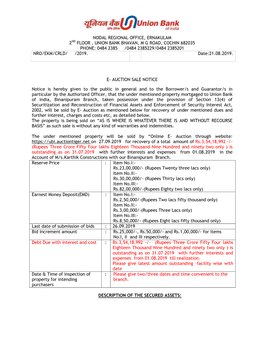 Nodal Regional Office, Ernakulam 2Nd Floor , Union Bank Bhavan, M G Road, Cochin 682035 Phone: 0484 2385 /0484 2385229/0484 2385201 Nro/Ekm/Crld/ /2019
