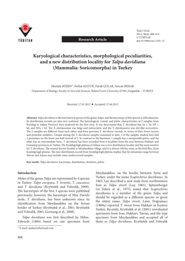 Karyological Characteristics, Morphological Peculiarities, and a New Distribution Locality for Talpa Davidiana (Mammalia: Soricomorpha) in Turkey