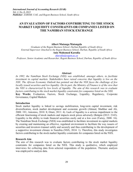 An Evaluation of Factors Contributing to the Stock Market Liquidity Constraints Or Companies Listed on the Namibian Stock Exchange