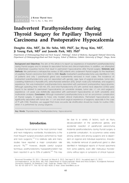 Inadvertent Parathyroidectomy During Thyroid Surgery for Papillary Thyroid Carcinoma and Postoperative Hypocalcemia