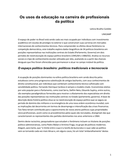 Os Usos Da Educação Na Carreira De Profissionais Da Política