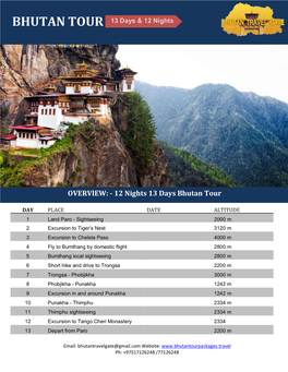 OVERVIEW: - 12 Nights 13 Days Bhutan Tour