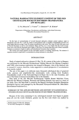 Natural Radioactive Element Content of the Old Crystalline Rocks in Southern Transdanubia (Sw Hungary)