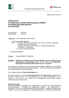 Niederschrift Zur Sitzung Der Lokalen Aktionsgruppe LEADER Des Eifelkreises Bitburg-Prüm Am 08.04.2019