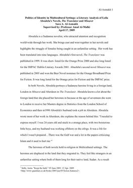 Politics of Identity in Multicultural Settings: a Literary Analysis of Leila Aboulela's Novels, the Translator and Minaret Sara A