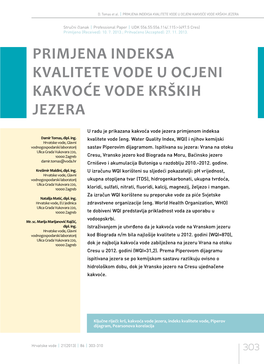 Primjena Indeksa Kvalitete Vode U Ocjeni Kakvoće Vode Krških Jezera