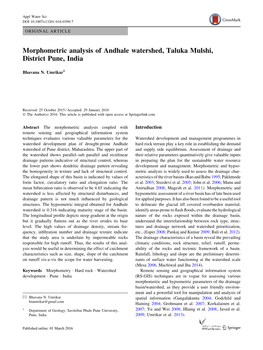 Morphometric Analysis of Andhale Watershed, Taluka Mulshi, District Pune, India