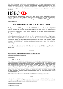 Hsbc Trinkaus & Burkhardt Ag 2012 Dividend