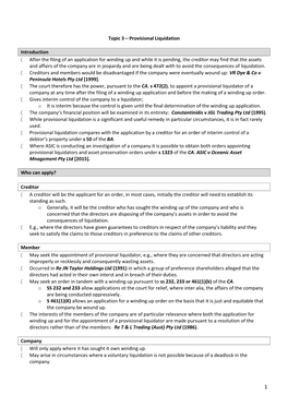 Provisional Liquidation Introduction After the Filing of An