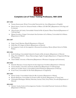 Complete List of Tinker Visiting Professors, 1981–2018