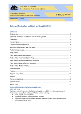 Australian Political Writings 2009-10