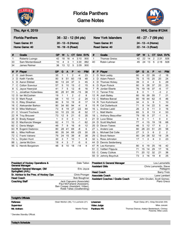 Florida Panthers Game Notes