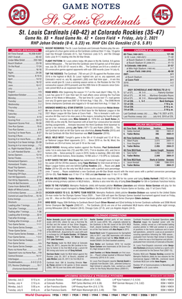 St. Louis Cardinals (40-42) at Colorado Rockies (35-47) Game No