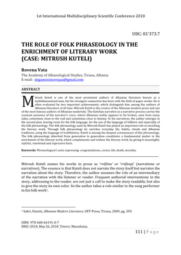 The Role of Folk Phraseology in the Enrichment of Literary Work (Case: Mitrush Kuteli)
