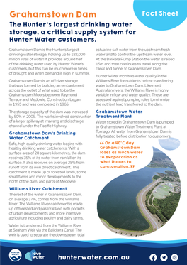 Grahamstown Dam Fact Sheet the Hunter’S Largest Drinking Water Storage, a Critical Supply System for Hunter Water Customers
