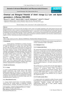 Chemical and Biological Potential of Ammi Visnaga (L.) Lam