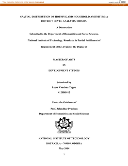 SPATIAL DISTRIBUTION of HOUSING and HOUSEHOLD AMENITIES: a DISTRICT LEVEL ANALYSIS, ODISHA. a Dissertation Submitted to the Depa