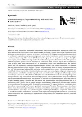 Northeastern Coyote/Coywolf Taxonomy and Admixture: a Meta-Analysis