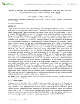 Profile of Nutrition and Hazards of Om-Elkholool (Donax Trunculus) and Gandofly (Ruditapes Decussatus) Clams from Alexandria, Egypt