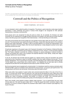 Cornwall and the Politics of Recognition Written by Simon Thompson