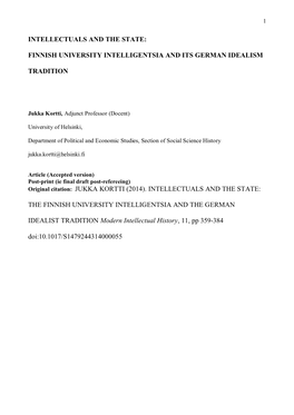 Finnish University Intelligentsia and Its German Idealism Tradition