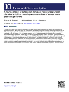 A Murine Model of Autosomal Dominant Neurohypophyseal Diabetes Insipidus Reveals Progressive Loss of Vasopressin- Producing Neurons