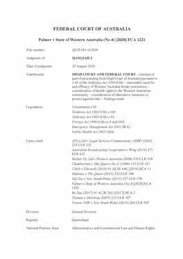 Palmer V State of Western Australia (No 4) [2020] FCA 1221