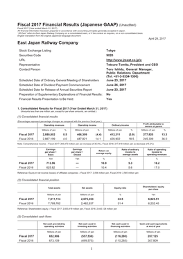 Fiscal 2017 Financial Results (Japanese GAAP) (Unaudited)