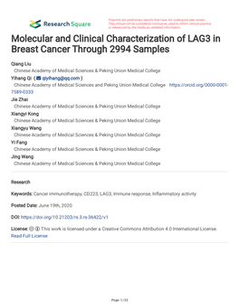 Molecular and Clinical Characterization of LAG3 in Breast Cancer Through 2994 Samples