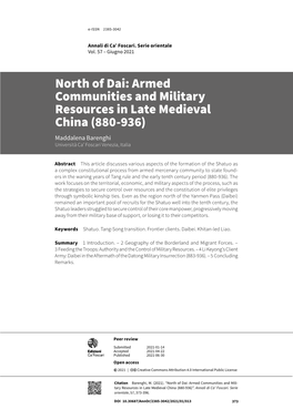 Armed Communities and Military Resources in Late Medieval China (880-936) Maddalena Barenghi Università Ca’ Foscari Venezia, Italia