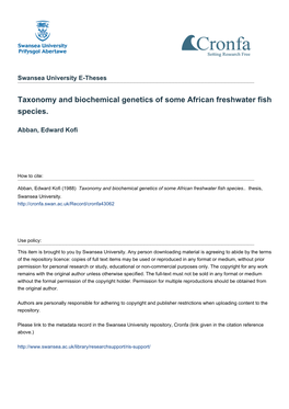 Taxonomy and Biochemical Genetics of Some African Freshwater Fish Species