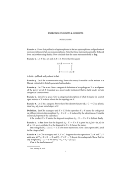 EXERCISES on LIMITS & COLIMITS Exercise 1. Prove That Pullbacks Of