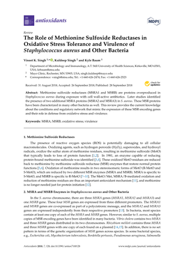 The Role of Methionine Sulfoxide Reductases in Oxidative Stress Tolerance and Virulence of Staphylococcus Aureus and Other Bacteria